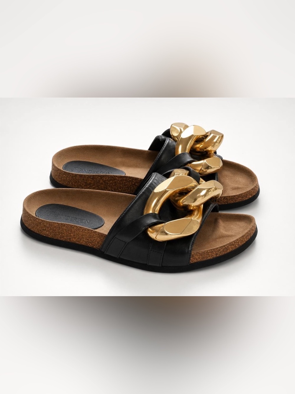JW ANDERSON Leather Slides, Oversized Gold Chain accent, molded sole, blk,41,GUC